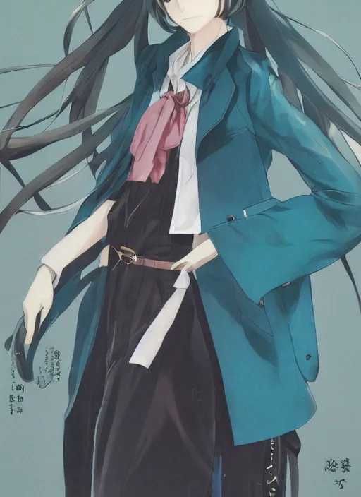 Image similar to luxury advertisement, medium close-up of a manga girl with a teal trenchcoat by krenz cushart, Sasoura, Satchely and Akihiko Yoshida, black medium length Dutch bob cut hair with straight bangs, poster