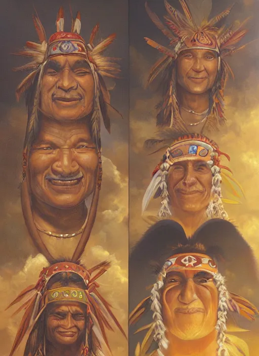 Prompt: faces of indigenous amazonian grandfathers and grandmothers spirits in the clouds, smiling, benevolence, ancestors, detailed faces, art by christophe vacher