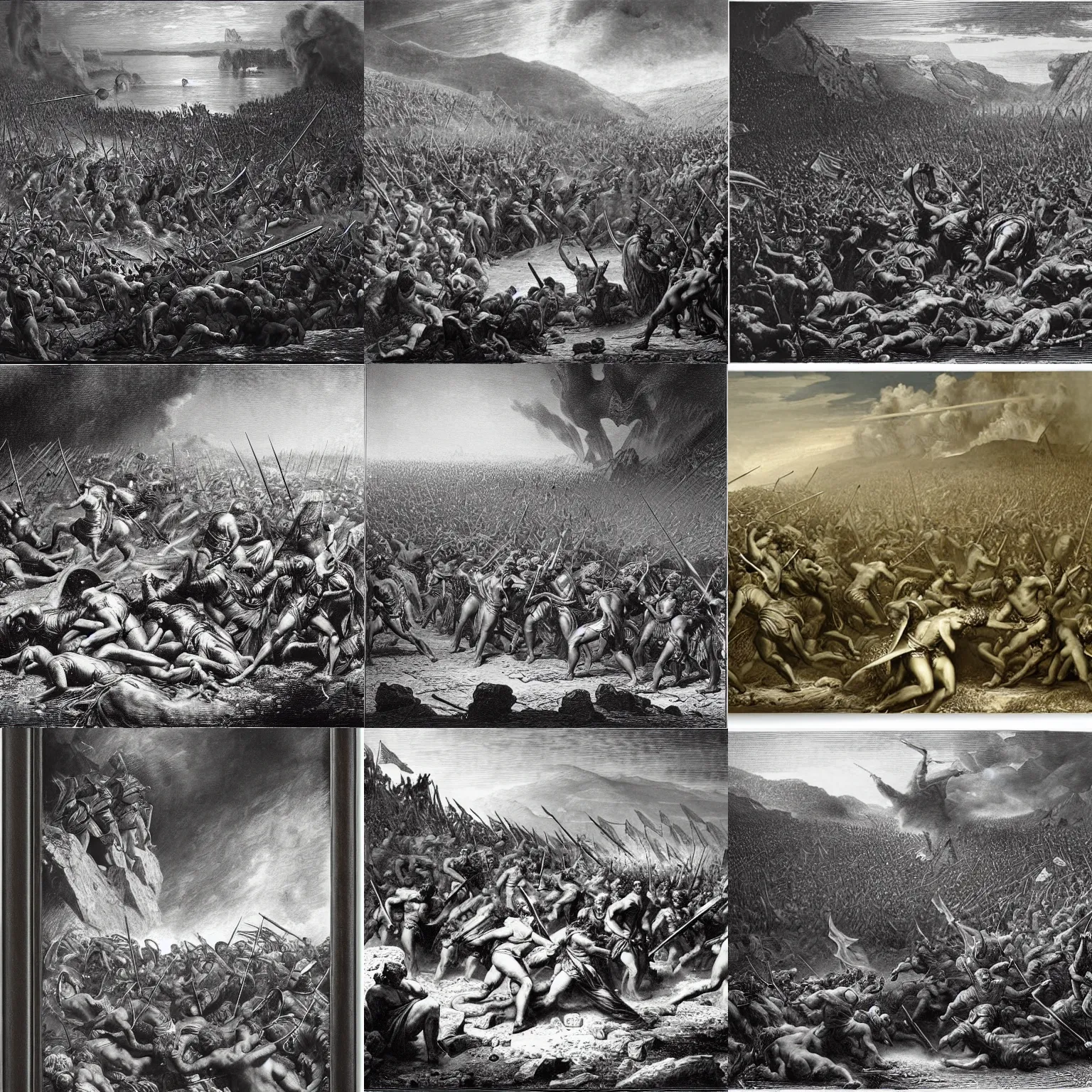 Prompt: the battle of thermopylae by gustave dore