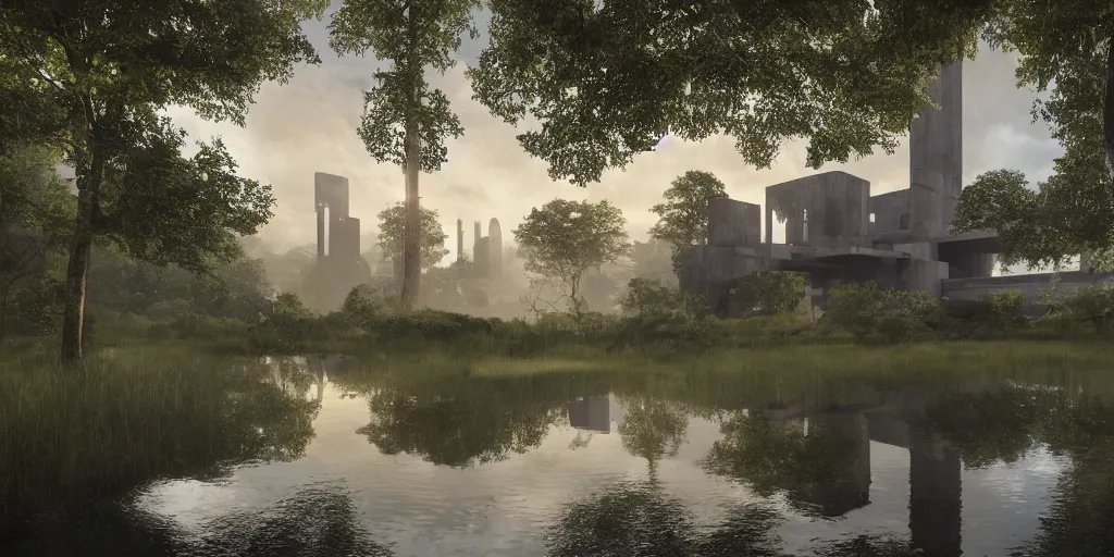 Prompt: an extremely detailed cathedral of brutalist architecture, surrounded by lush green forest, accurate reflections in murky ponds of water, stunning volumetric lighting, sunset, rusted steel, smooth concrete, stunning skies, trending on Artstation, 8k, photorealistic, hyper detailed, unreal engine 5, IMAX quality, cinematic, epic lighting, in the style of Greg Rutkowski