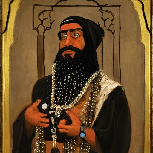 Image similar to a cyborg dressed in arab clothes, has a long beard, holds a rosary, and wears an arab abaya, oil painting