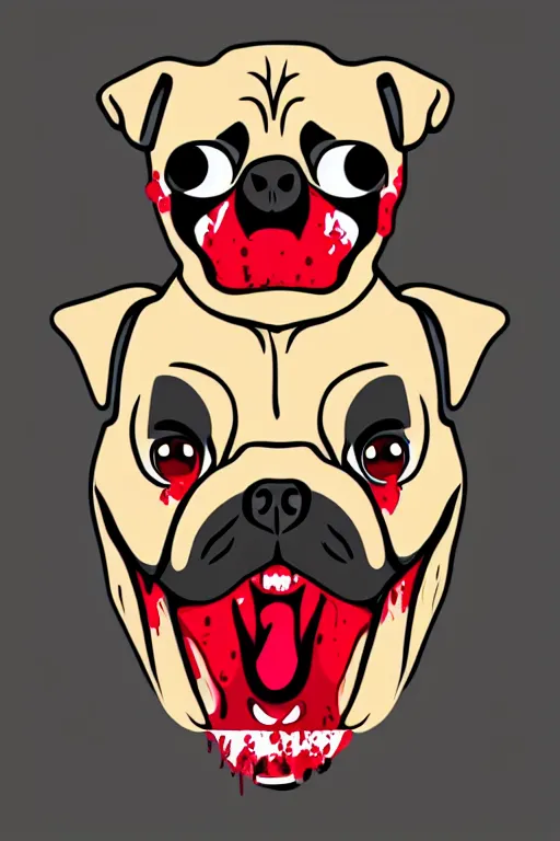 Prompt: Evil pug, sticker, blood thirsty, blood, evil, colorful, illustration, highly detailed, simple, smooth and clean vector curves, no jagged lines, vector art, smooth