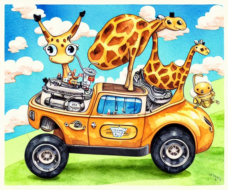 Image similar to cute and funny, giraffe wearing a helmet riding in a tiny hot rod with oversized engine, ratfink style by ed roth, centered award winning watercolor pen illustration, isometric illustration by chihiro iwasaki, edited by range murata, tiny details by artgerm and watercolor girl, symmetrically isometrically centered