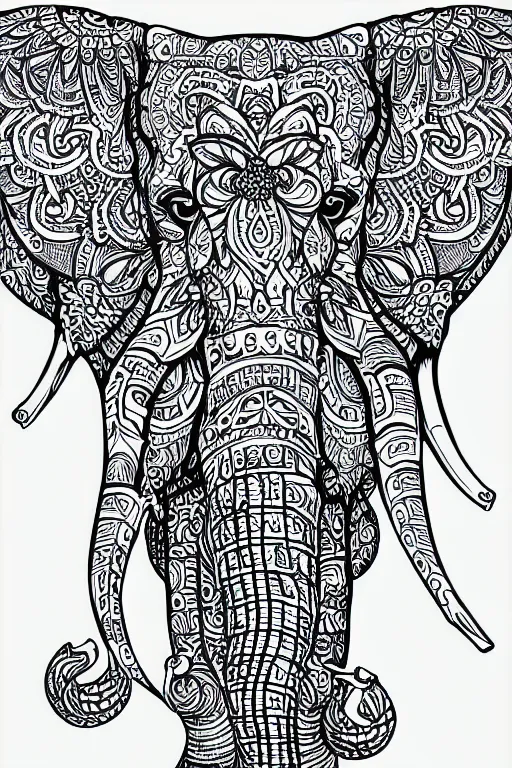 Image similar to elephant, ornaments, fractal, ink drawing, line art colouring page