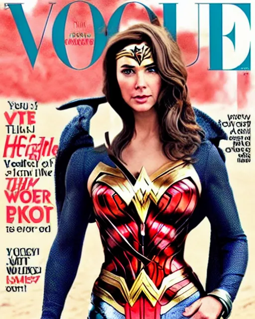 Image similar to Wonder Woman with Chris Hemsworth face, Vogue cover photo