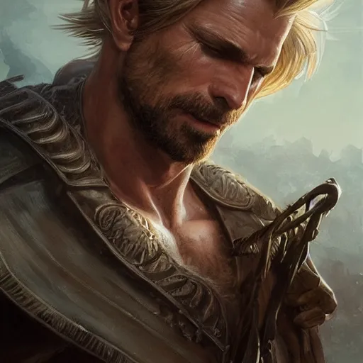 Prompt: portrait of a ruggedly handsome swordsman, soft hair, muscular, half body, leather, hairy, d & d, fantasy, intricate, elegant, highly detailed, digital painting, artstation, concept art, smooth, sharp focus, illustration, art by artgerm and greg rutkowski and alphonse mucha