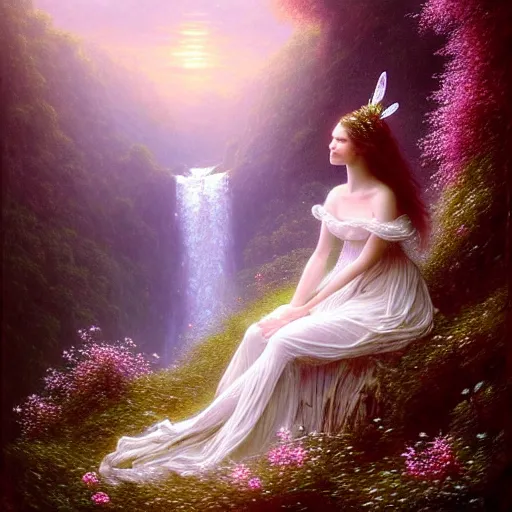 Image similar to highly detailed, an elegant fairy in a white lace dress sitting a in a enchanted scenery landscape, vast lush valley flowers and mushroom, waterfall, stream, sunrise, vivid color, soft clouds, cinematic lighting, perfect composition, 8 k, gustave dore, derek zabrocki, greg rutkowski, belsinski,