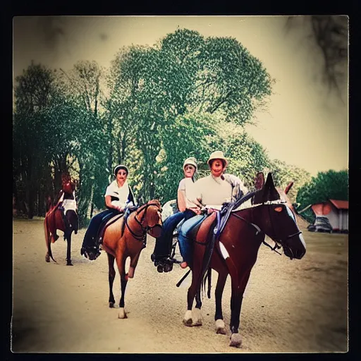 Image similar to Western, people on horses with wheels instead of legs, polaroid, bokeh