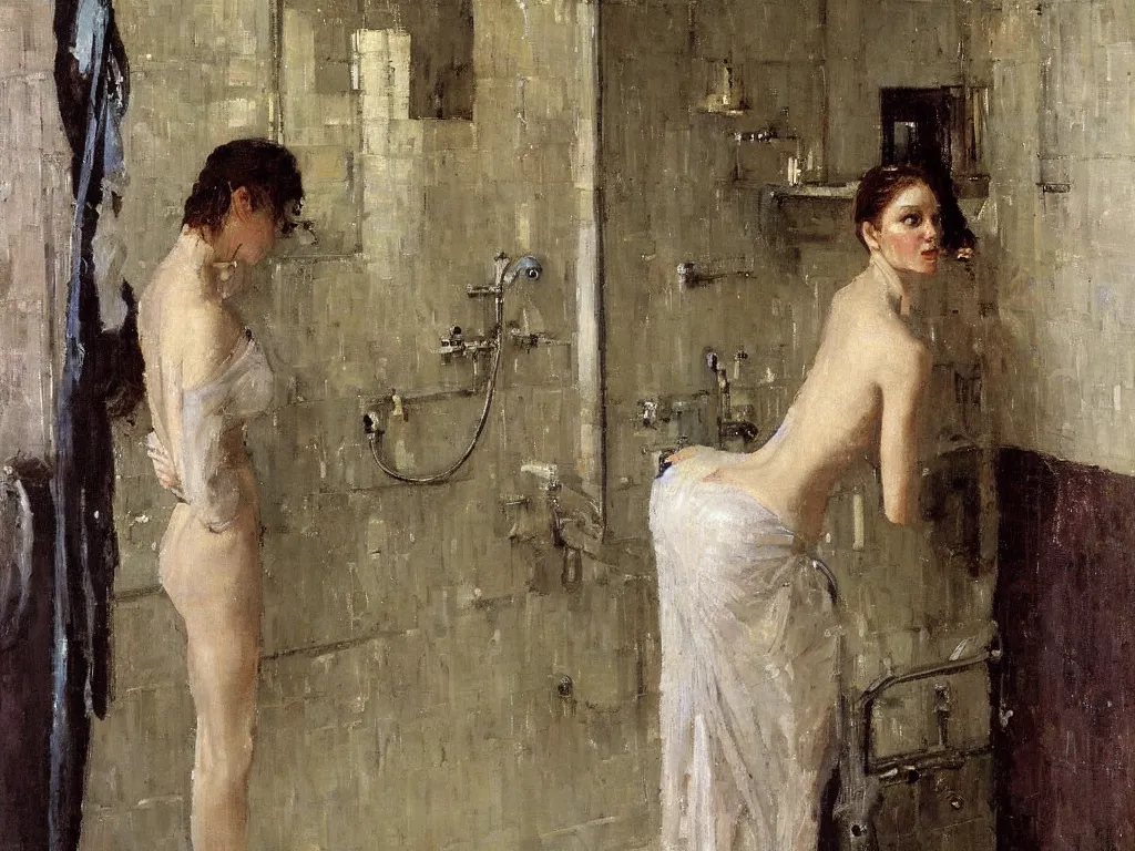 Image similar to portrait of a lady in the shower, painting by stanhope forbes, oil on canvas