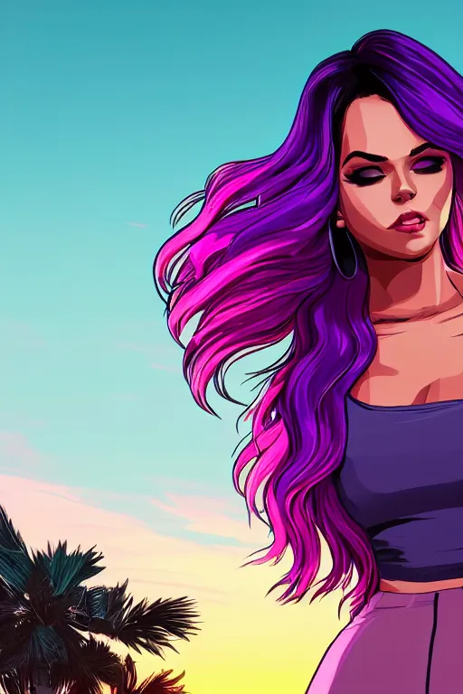 Prompt: a stunning GTA V loading screen with a beautiful woman with ombre purple pink hairstyle, hair blowing in the wind, sunset, outrun, vaporware, retro, digital art, trending on artstation