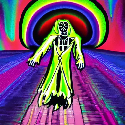 Image similar to the grim reaper wearing joseph's fantastic technicolor dreamcoat