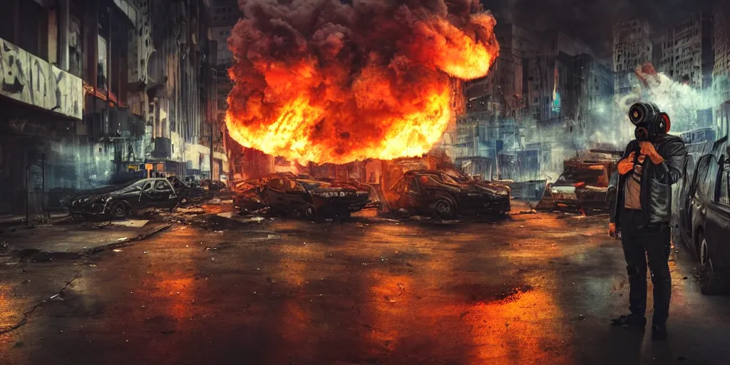 Image similar to post - apocalyptic city streets, close - up shot of an anarchist with a gasmask, burning cars, explosions, colorful smoke, hyperrealistic, gritty, damaged, dark, urban photography, photorealistic, high details