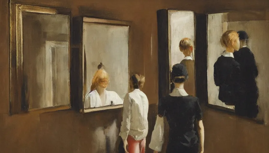 Prompt: painting by borremans, man back standing in front on the mirror in opera theatre and blond hairs woman with fish tank, detailed, stunning