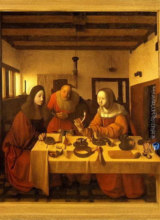 Image similar to a candlelit table at the inn, evening, dark room, two people sitting at the table, swirling smoke, dark smoke, realistic, in the style of leonardo da vinci, dutch golden age, amsterdam, medieval painting by jan van eyck, johannes vermeer, florence