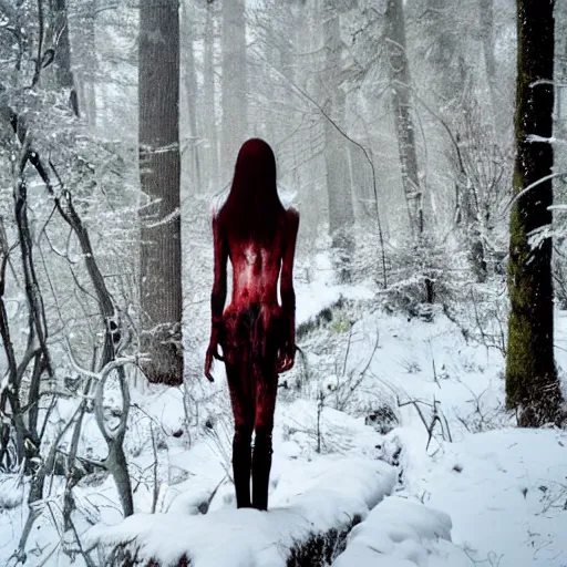 Image similar to blood soaked skinwalker, lanky, skinny, pale skin, snow, forest, dark, horrifying