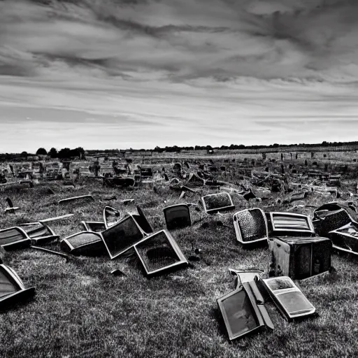 Prompt: windows xp screensaver with many broken dilapidated old computers graveyard, wide angle lens