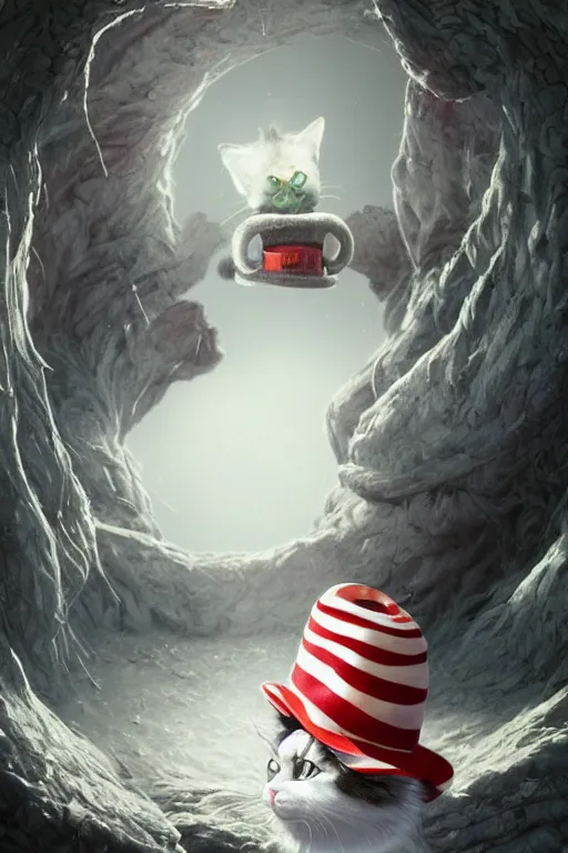 Image similar to complex 3 d render, hyper detailed, ultra sharp of the cat in the hat, scary, cinematic, natural soft light, rim light, art by greg rutkowski and artgerm and dr seuss