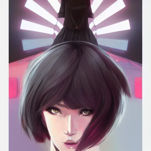 Image similar to shirt art, graphic design, anime style, realistic lighting, futuristic matte colors, made by ilya kuvshinov, trending on artstation, front portrait of a girl, jpop clothing, sneaker shoes, arcade cabinet in background