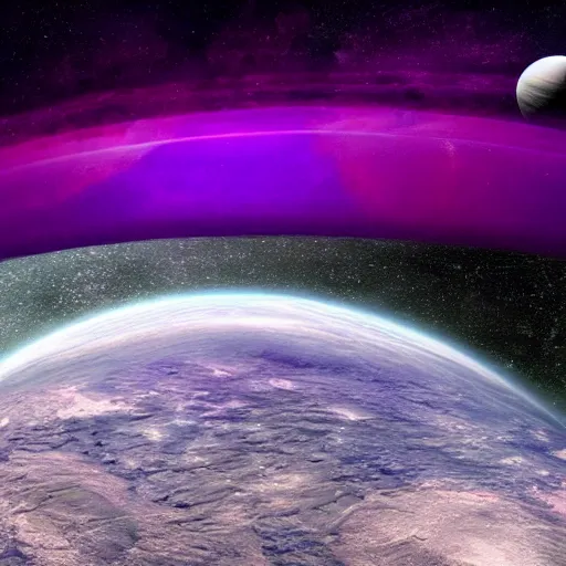 Image similar to a space ship preparing to leave a planet, the planet has purple rivers, the space ship is still on the surface of the planet, realistic, NASA