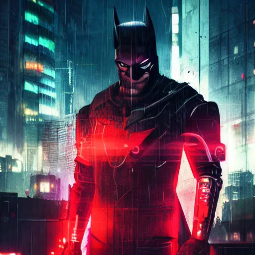 Image similar to cyberpunk batman with fullface mask, red bat logo, wide shot, moody, futuristic, city background, brush strokes, oil painting, greg rutkowski