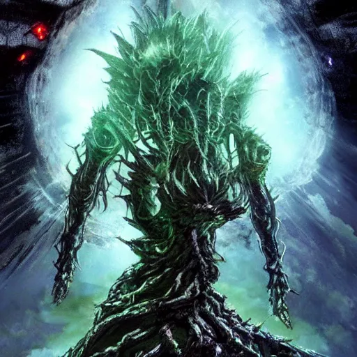 Image similar to sci - fi anime exoskeleton creature fighting the ancient tree god on a vast desert island, cinematic, high fantasy, maximalist, epic