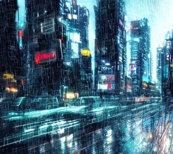 Image similar to dark cyberpunk rain city