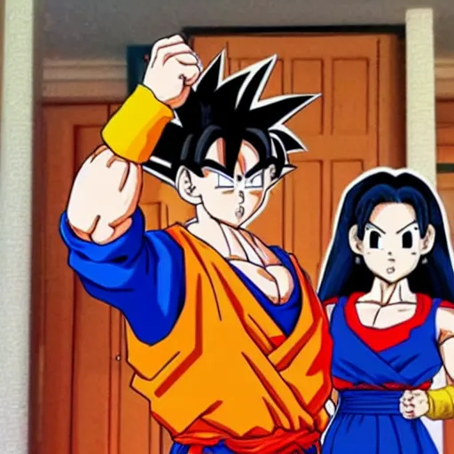 Prompt: goku and chi - chi finally settle down and buy a home