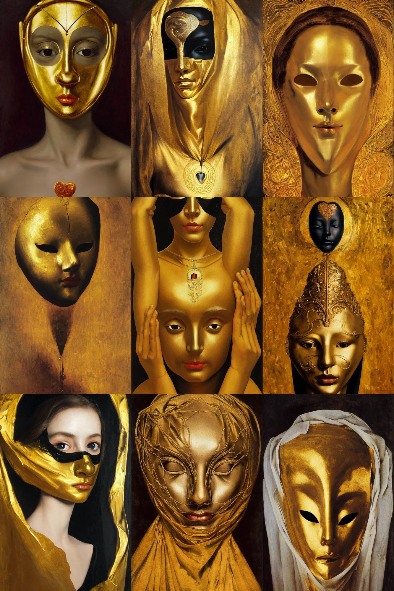 Prompt: Realistic painting of beautiful woman in gold mask who holds black heart, broken into pieces mask like mirror, black cloth, the long shot, dramatic lighting, high-detailed oil painting by Ilya Repin, William Blake, Michelangelo da Caravaggio and Beksinski, masterpiece, 4k