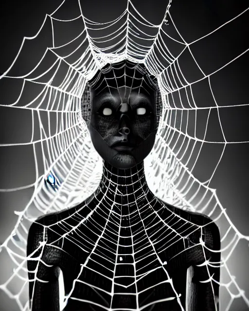 Image similar to black and white cyborg-plant goddess high quality photo, artificial intelligence, bio-mechanical bio-luminescence, artificial complex spider web, neurons, nerve cells, octane render, cinematic, rim light, hyper realism, photo-realistic, high detail, 8k, in the style of Steven Meisel and Dora Maar and H.G. Giger