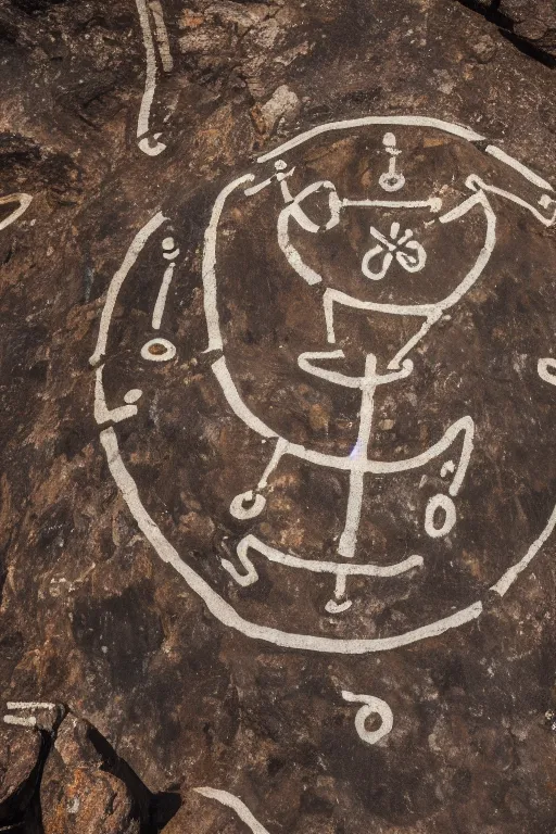 Image similar to 4 k photography of petroglyphs representing crosses, ufo, yin yang symbol on a cave