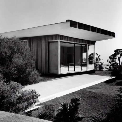 Prompt: a case study house overlooking the pacific ocean, photographed by julius shulman