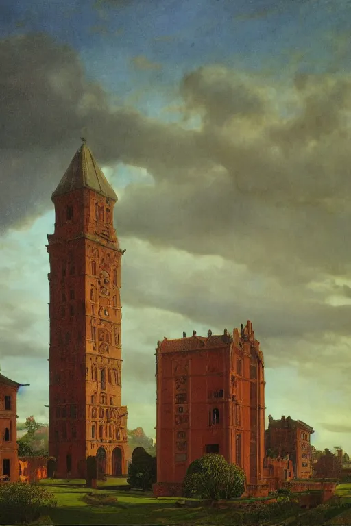 Prompt: view of the old tower and its gardens after a storm, tall windows lit up, beautiful ornamental architecture, dramatic cinematic lighting, rich colors, by Caspar David Friedrich and Diego Rivera and ford madox brown and Nicholas Roerich and April Gornik, smooth, sharp focus, extremely detailed, featured on artstation