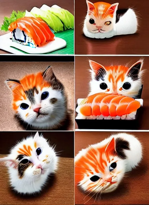 Image similar to clear photorealistic picture of adorable cats made out of sushi