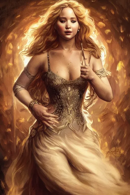 Image similar to portrait of jennifer lawrence as a lion tamer, half body, d & d, fantasy, intricate, elegant, highly detailed, digital painting, artstation, concept art, art by artgerm and greg rutkowski and alphonse mucha