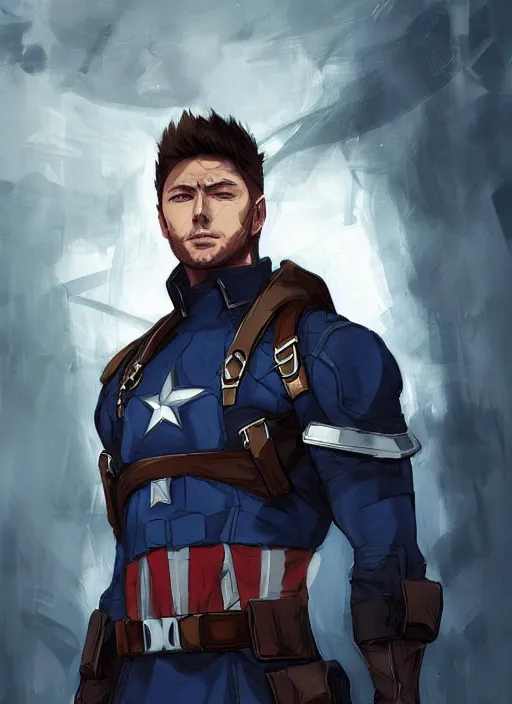 Image similar to an anime portrait of jensen ackles as a beautiful man wearing a captain america costume from skyrim, by stanley artgerm lau, wlop, rossdraws, james jean, andrei riabovitchev, marc simonetti, and sakimichan, trending on artstation