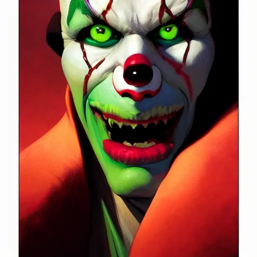 Image similar to 4k headshot portrait of Spawn clown from Macfarlane comics by Craig Mullins, ilya kuvshinov, krenz cushart, epic , artgerm trending on artstation by Edward Hopper and Dan Mumford and WLOP and Rutkovsky, beksinski carl spitzweg moebius and tuomas kocar, intricate artwork by caravaggio, Unreal Engine 5, Lumen, Nanite , 4K headshot of godlike clown with defined arms and open hands and bloody clothes with giant mandala wings , intricate face , flawless anime cel animation by Kentaro Miura, psychedelic , highly detailed upper body , professionally post-processed , beautiful, scary, symmetry accurate features, epic, octane rendered, anime masterpiece, accurate