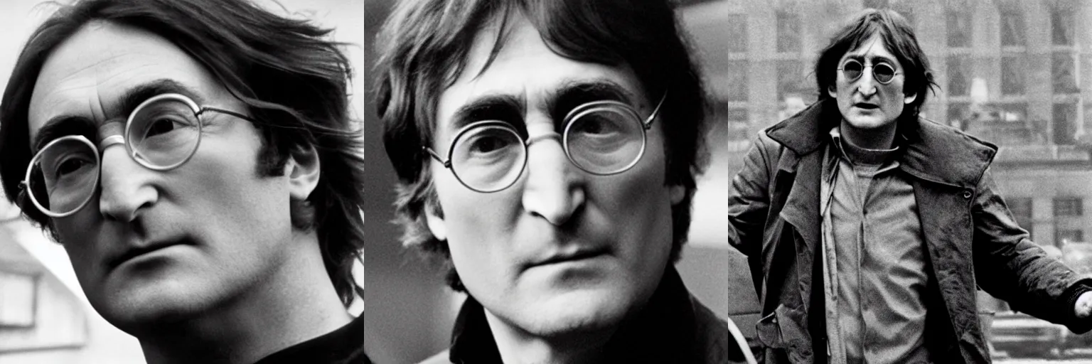 Prompt: close-up of John Lennon as a detective in a movie directed by Christopher Nolan, movie still frame, promotional image, imax 70 mm footage