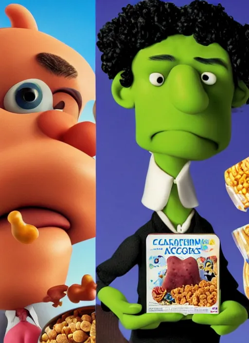 Prompt: a cereal box with a trippy surrealist mark ruffalo portrait with flying sausages by aardman animation and Caravaggio