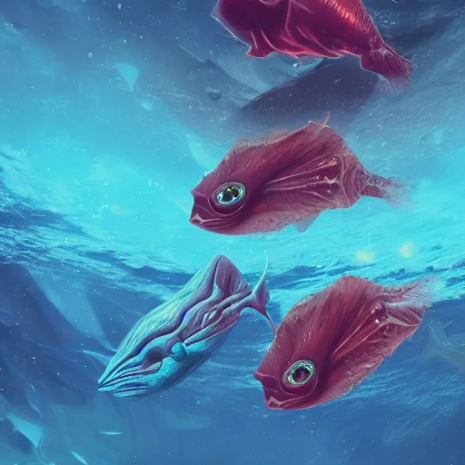 Prompt: underwater view of a strange alien world, some washed out red and green plant life, small alien fish swimming in the background, deep blue sea color, artstation