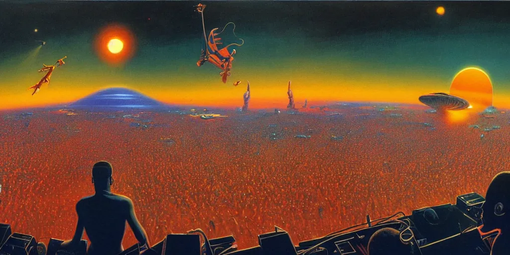 Prompt: a wide - angle detailed painting of wizkid performing on stage to millions of aliens while spaceships cover the orange - colored sky, by bruce pennington.