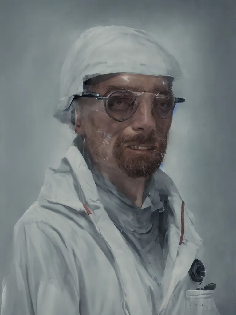 Prompt: a portrait of a scientist in a white coat in a painting from stalenhag, 4 k, 8 k, hdr, artstation, concept art