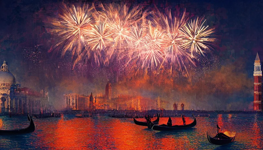 Prompt: Digital painting of fireworks in Venice by night, wide view, volumetric light, hyperdetailed, artstation, cgsociety, 8k