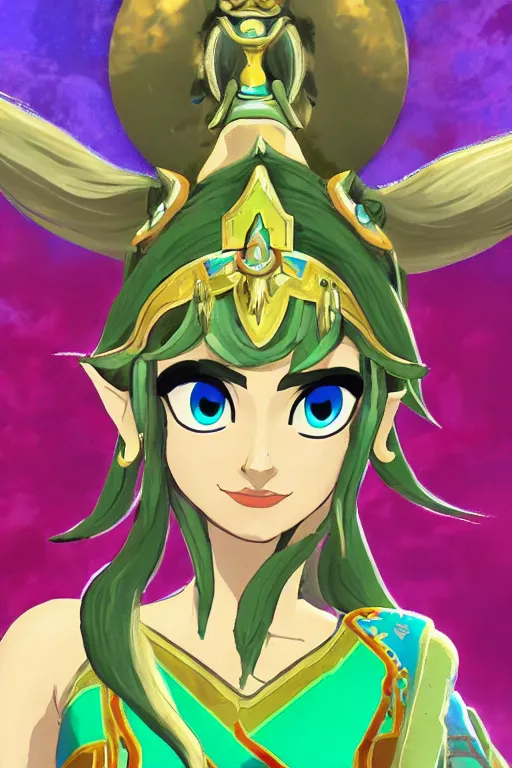 Image similar to a portrait of lady palutena from the legend of zelda breath of the wild, breath of the wild art style.