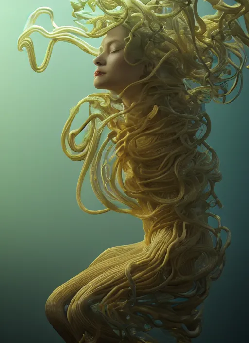 Image similar to subsurface scattering, medusa made of soft wax, cgsociety, translucent, wooden art nouveau swirls, colored smoke, gold cables, neurons, nuclear, in the style of ruan jia and beeple and giger, mystical colors, back light, rim light, dramatic lighting, 8 k, stunning scene, raytracing, octane render