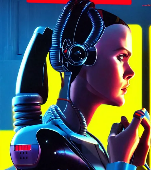 Prompt: cable plugged in, side of head, very very beautiful woman, cyberdeck computer terminal, 1 9 7 9 omni magazine cover, style by vincent di fate, cyberpunk 2 0 7 7, very coherent, detailed, 4 k resolution, unreal engine, daz