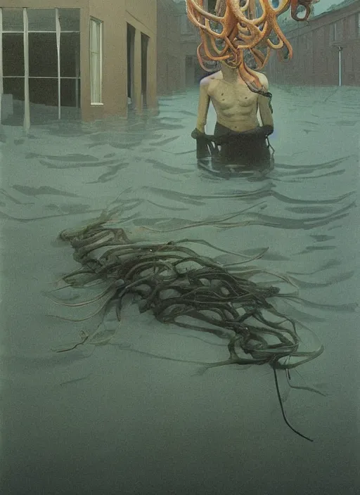 Prompt: tentacles reaching from underwater in transparent plastic bags, paper bags in hands and over the head, on flooded street Edward Hopper and James Gilleard, Zdzislaw Beksinski, highly detailed