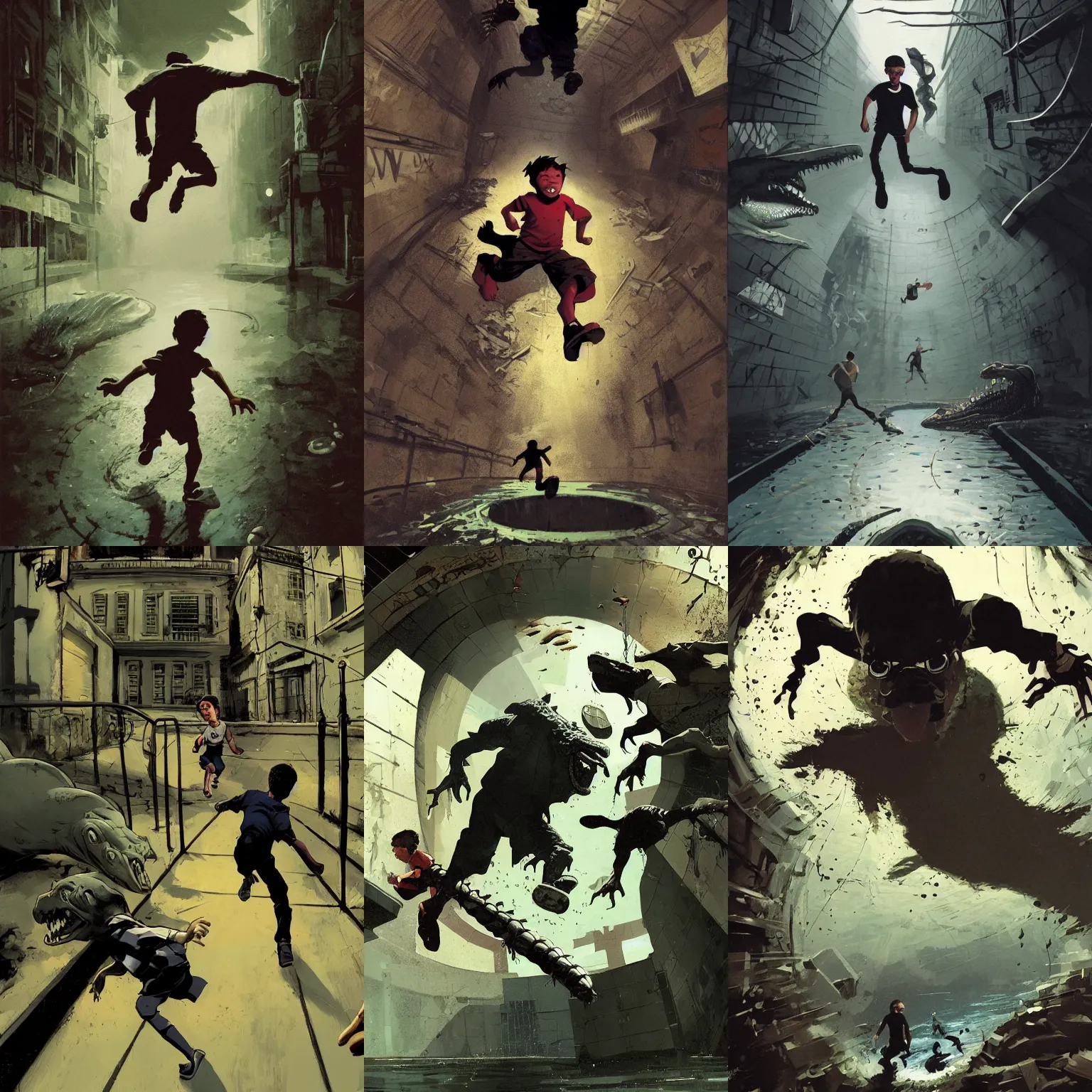 Prompt: incredible screenshot a boy running for his life in the sewer, chased by a big crocodile, dynamic camera angle, deep 3 point perspective, fish eye, dynamic scene, by phil hale, ashley wood, geoff darrow, james jean, 8k, hd, high resolution print