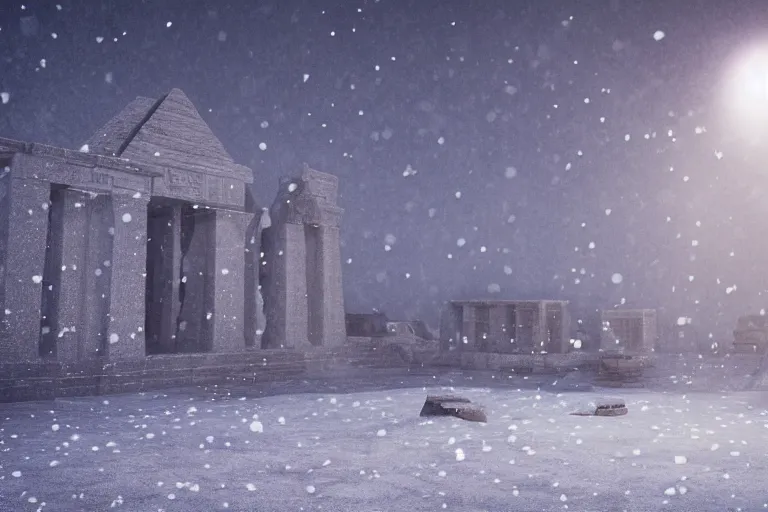 Image similar to a very windy and cold place, everything is made out of ice, ancient egypt, snowing, cinematic lighting