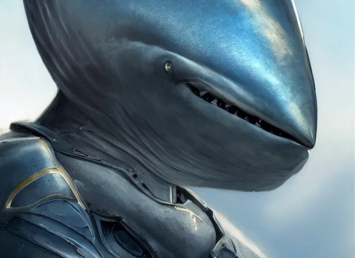 Image similar to beautiful oil matte portrait painting, thresher shark in knight chestplate, no helmet, blue shark, fantasy, wonderful masterpiece highly detailed, scifi, beautiful cinematic light deep focus, elegant, digital painting, smooth, sharp focus, golden ratio, dramatic illumination, ultra realistic, 8 k, art by jimmy law