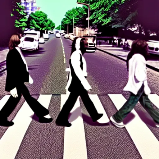 Image similar to 4 men walking on crosswalk on abbey road, city, digital art, 8 k.